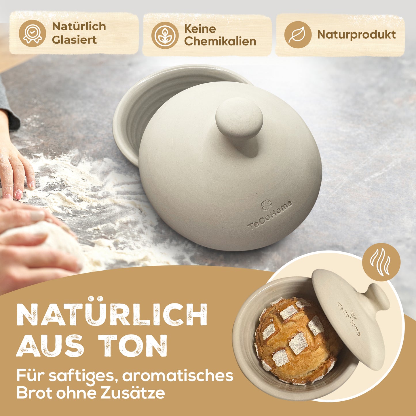 TeCoHome Brotbackform [Innen glasiert-Natur Ton] mit Deckel 750 Gramm