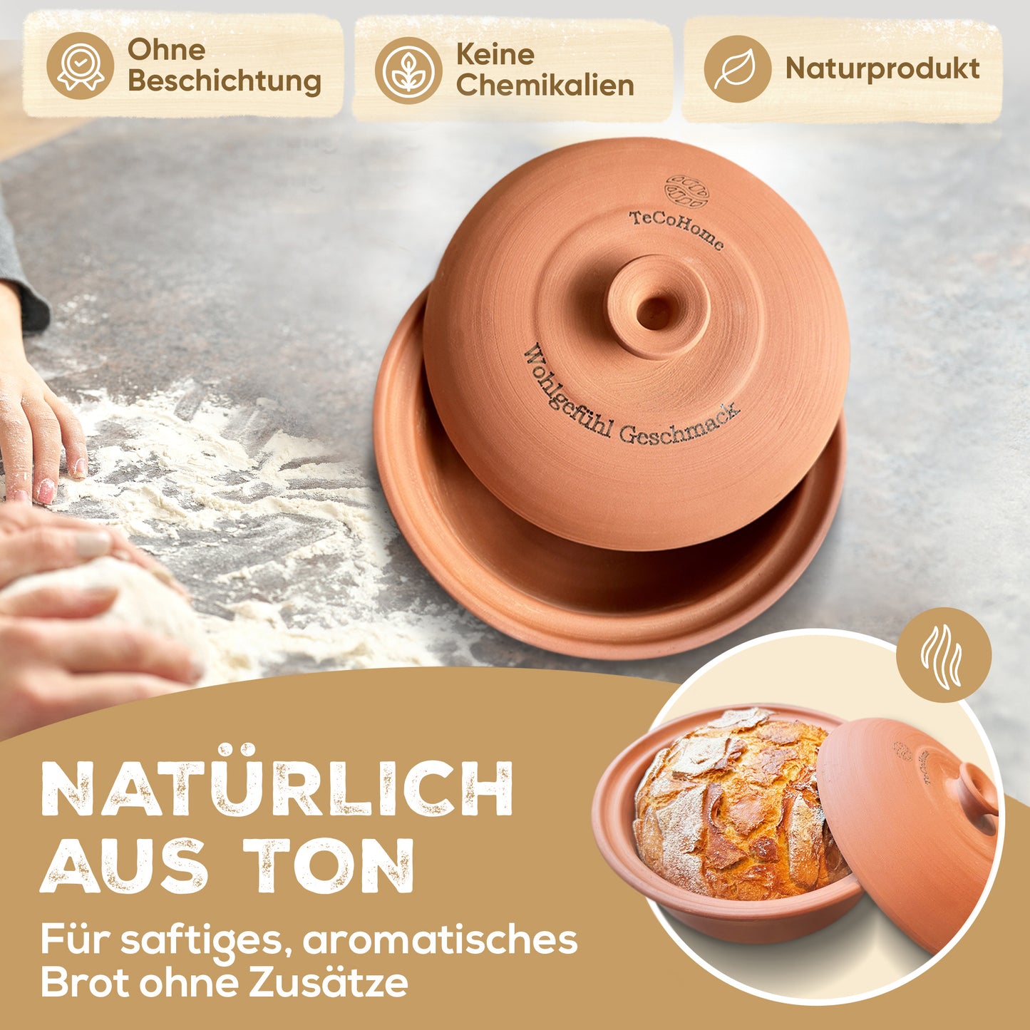 TeCoHome Brotbackform [Natur-Ton] mit Deckel 1.000 Gramm