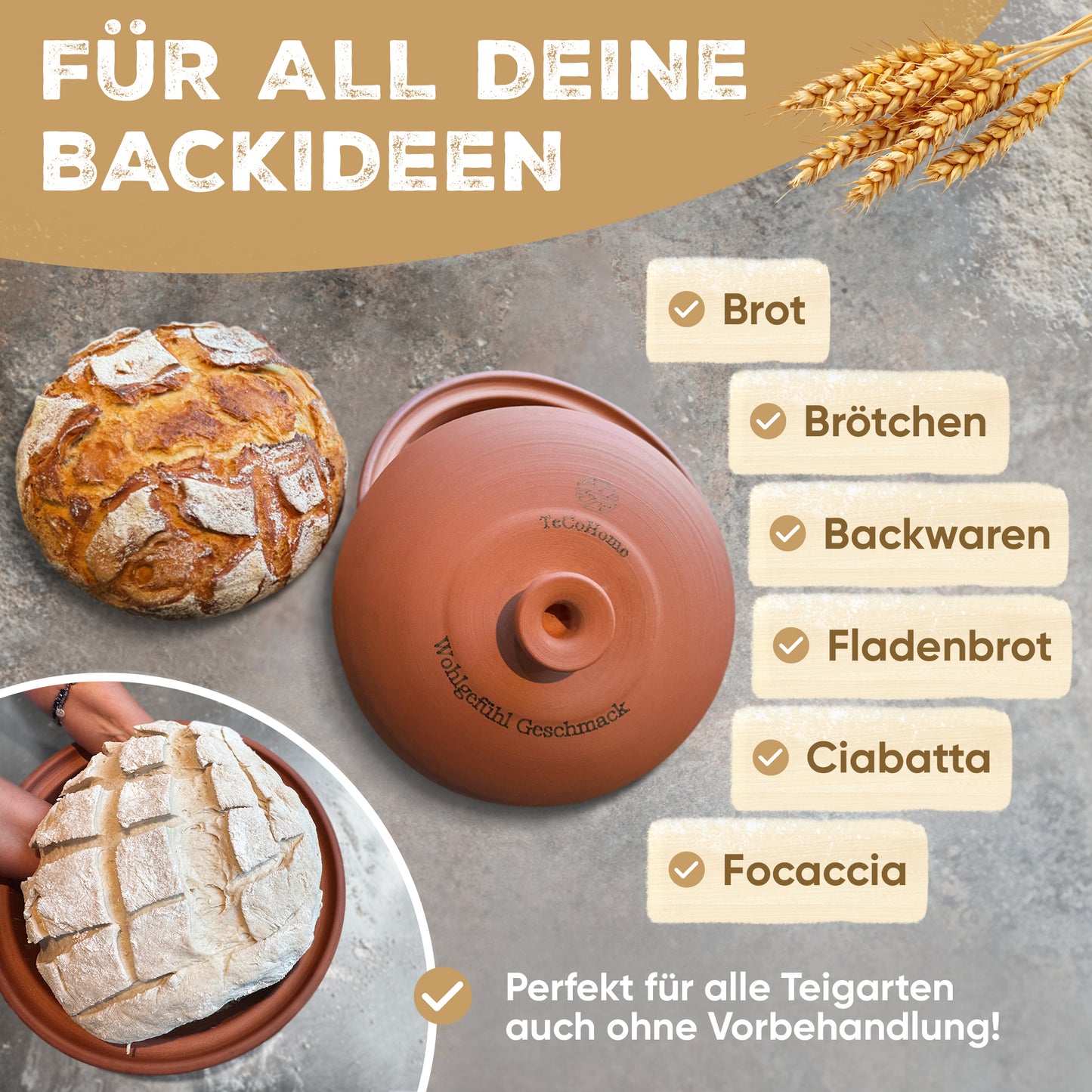TeCoHome Brotbackform [Natur-Ton] mit Deckel 1.000 Gramm