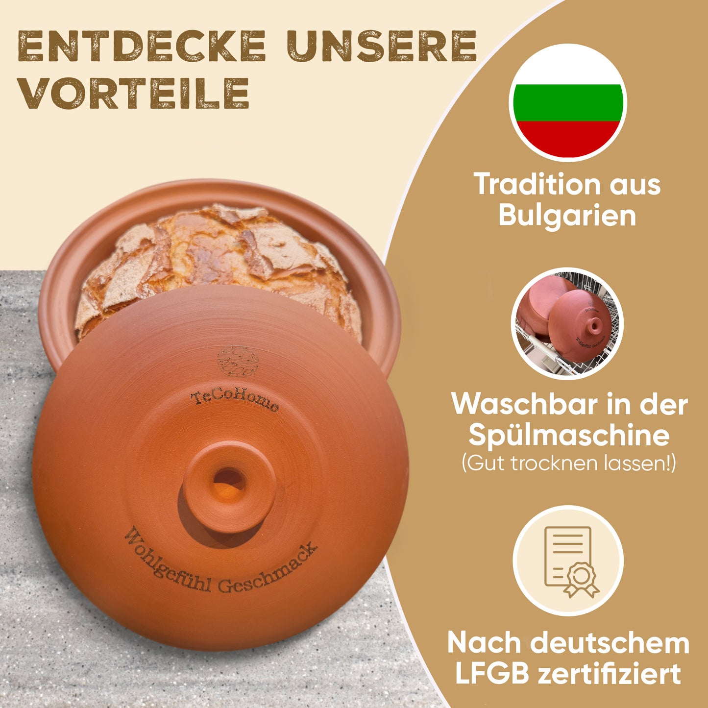 TeCoHome Brotbackform [Natur-Ton] mit Deckel 1.000 Gramm