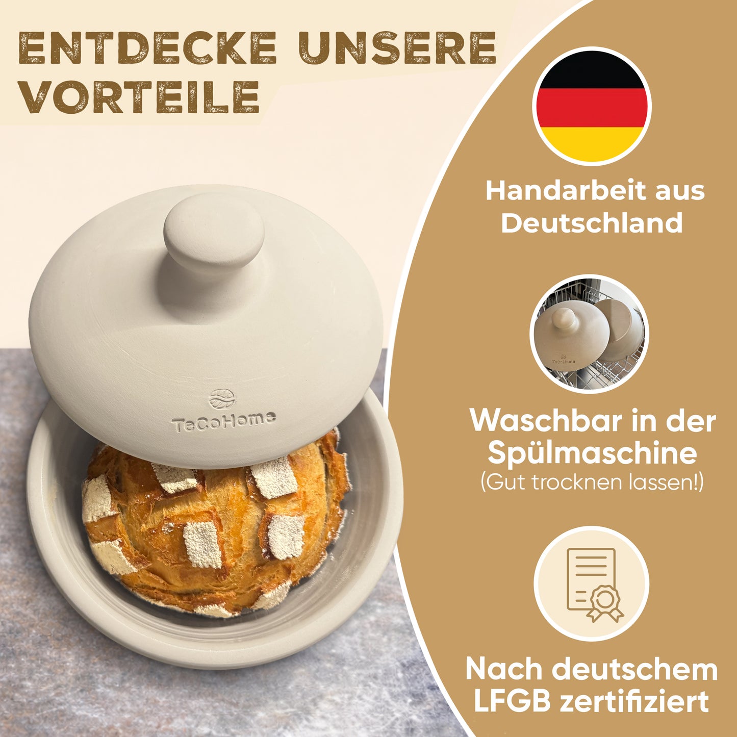 TeCoHome Brotbackform [Innen glasiert-Natur Ton] mit Deckel 750 Gramm