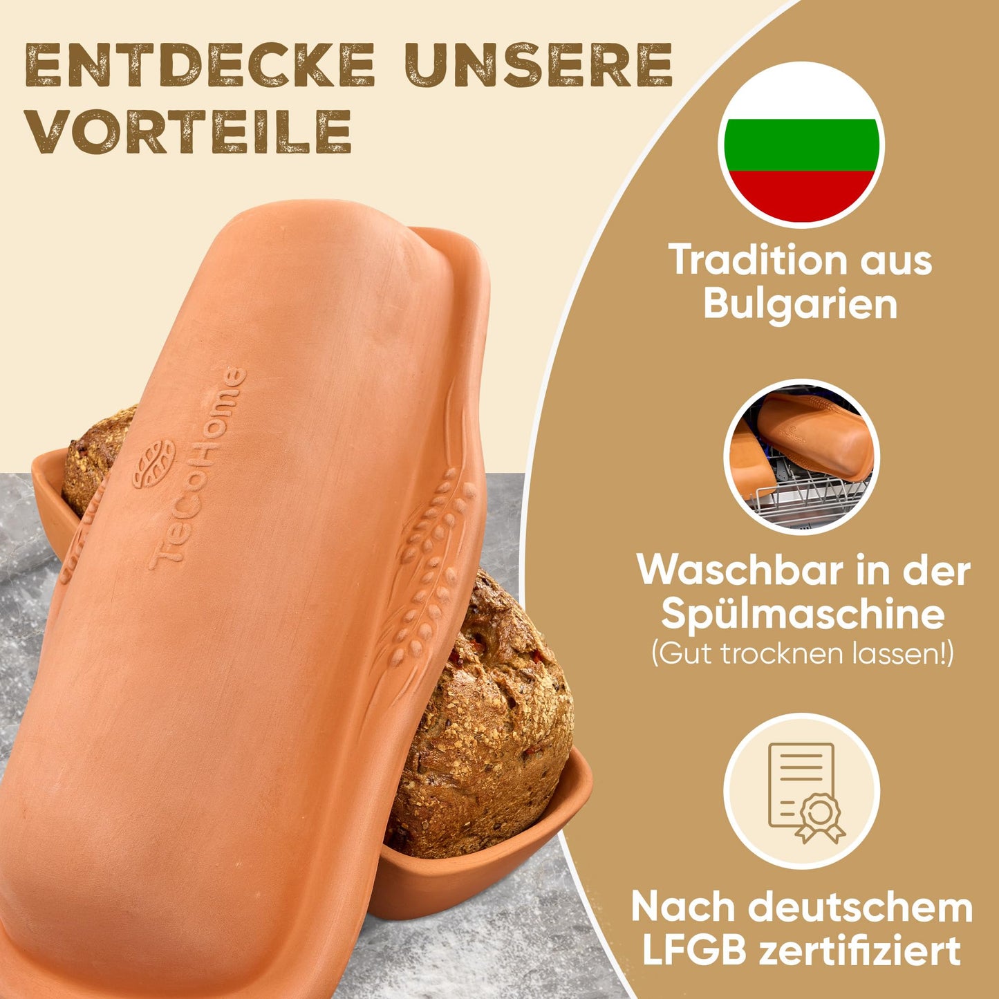 TeCoHome Brotbackform [Natur-Ton] mit Deckel 500 Gramm