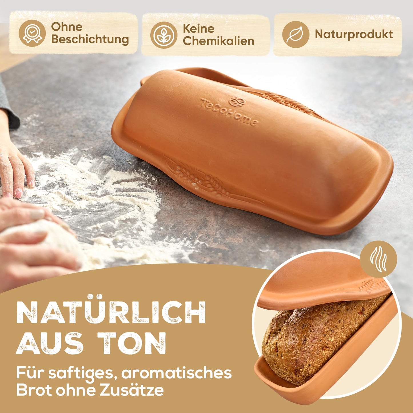 TeCoHome Brotbackform [Natur-Ton] mit Deckel 500 Gramm