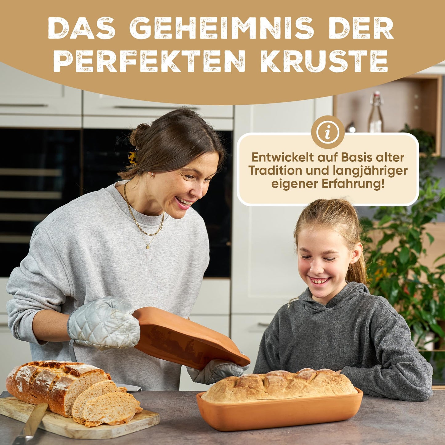 TeCoHome Brotbackform [Natur-Ton] mit Deckel 500 Gramm