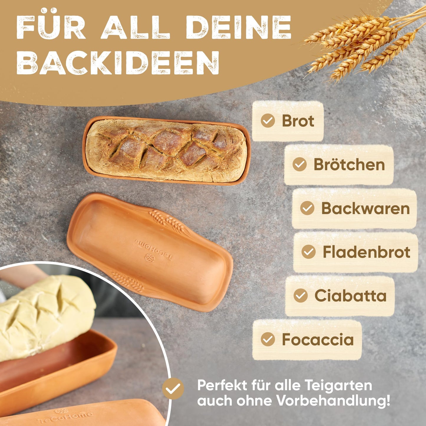 TeCoHome Brotbackform [Natur-Ton] mit Deckel 500 Gramm