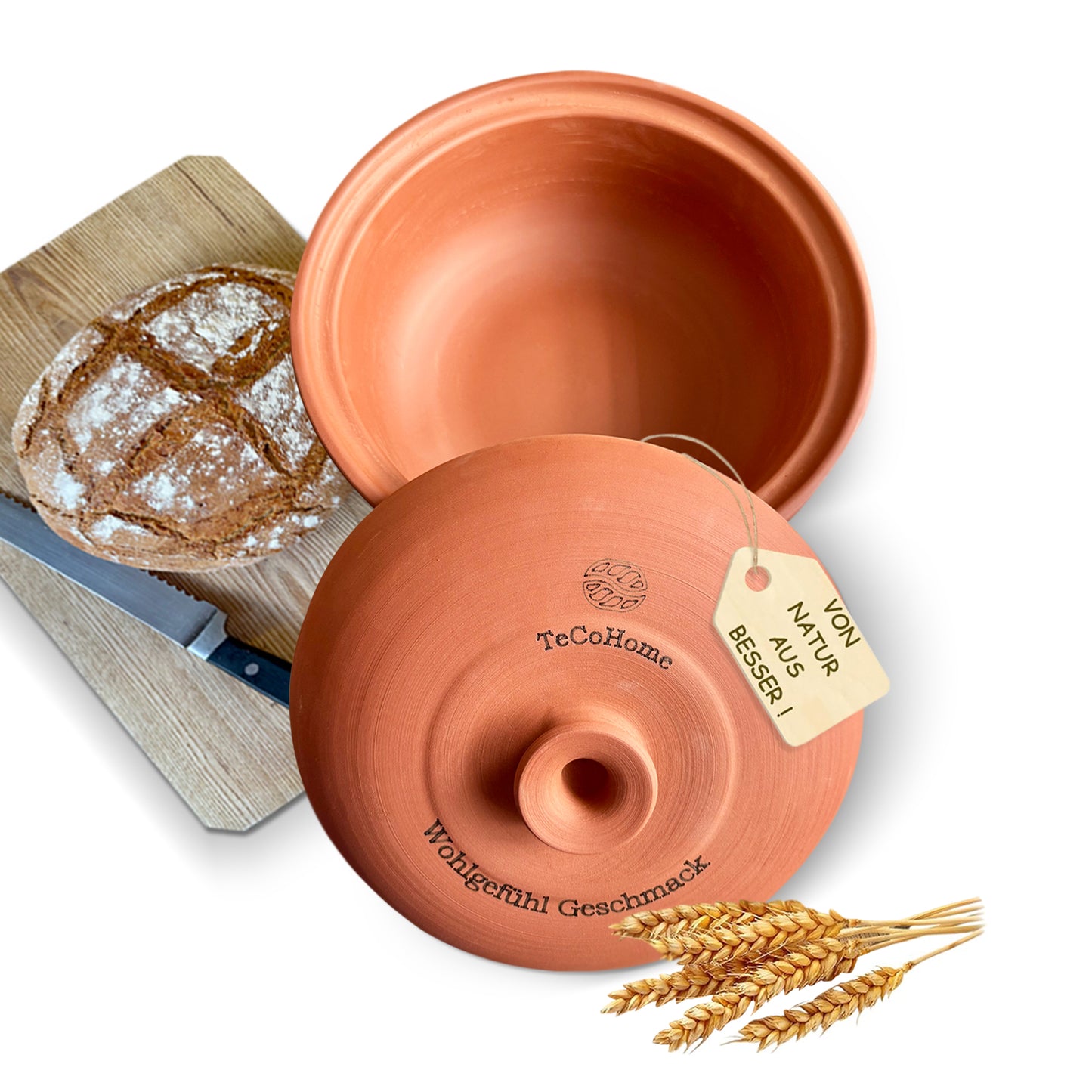 TeCoHome Brotbackform [Natur-Ton] mit Deckel 1.000 Gramm